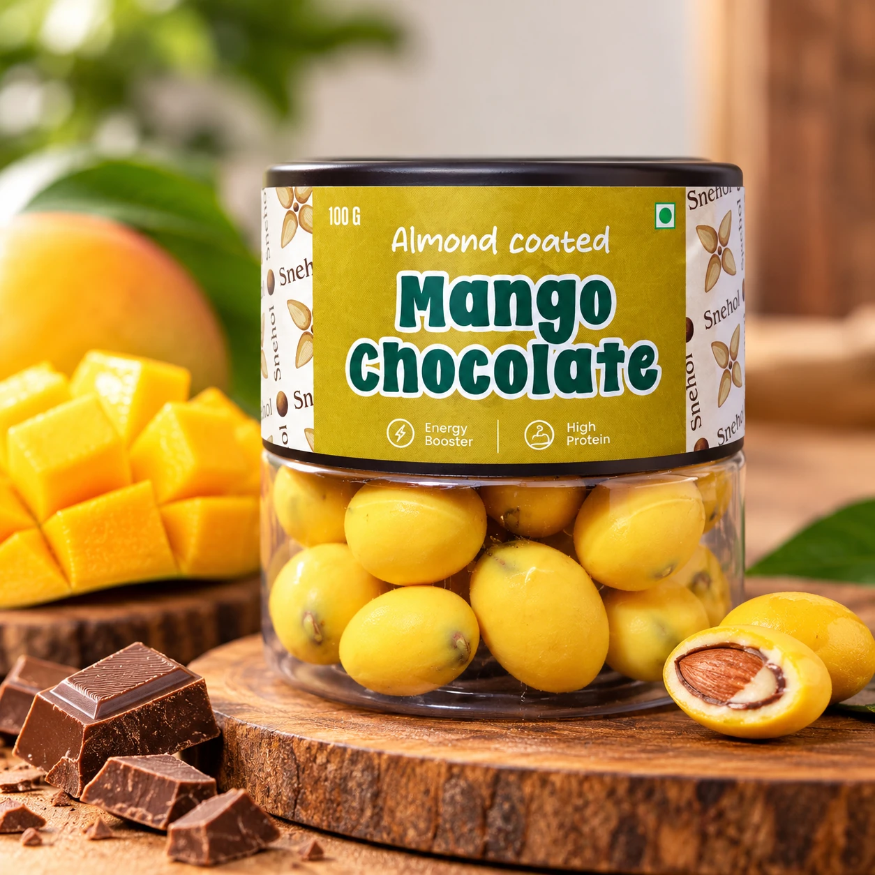 Almond coated mango chocolate jar and loose pieces
