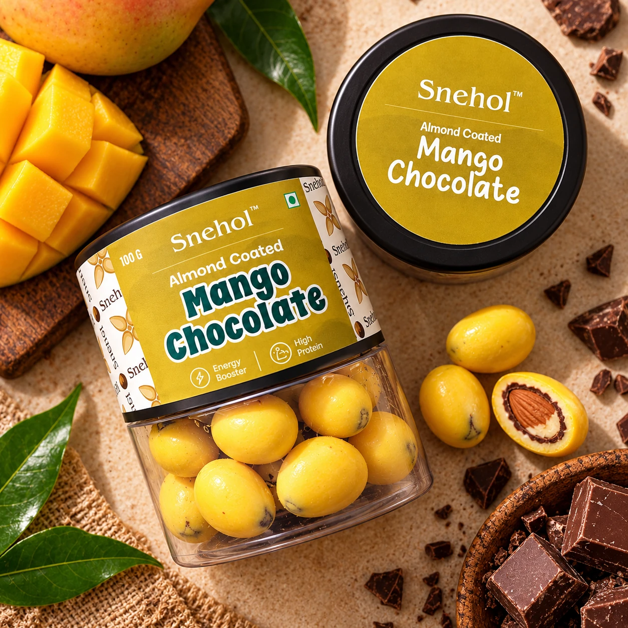 Almond coated mango chocolate close-up