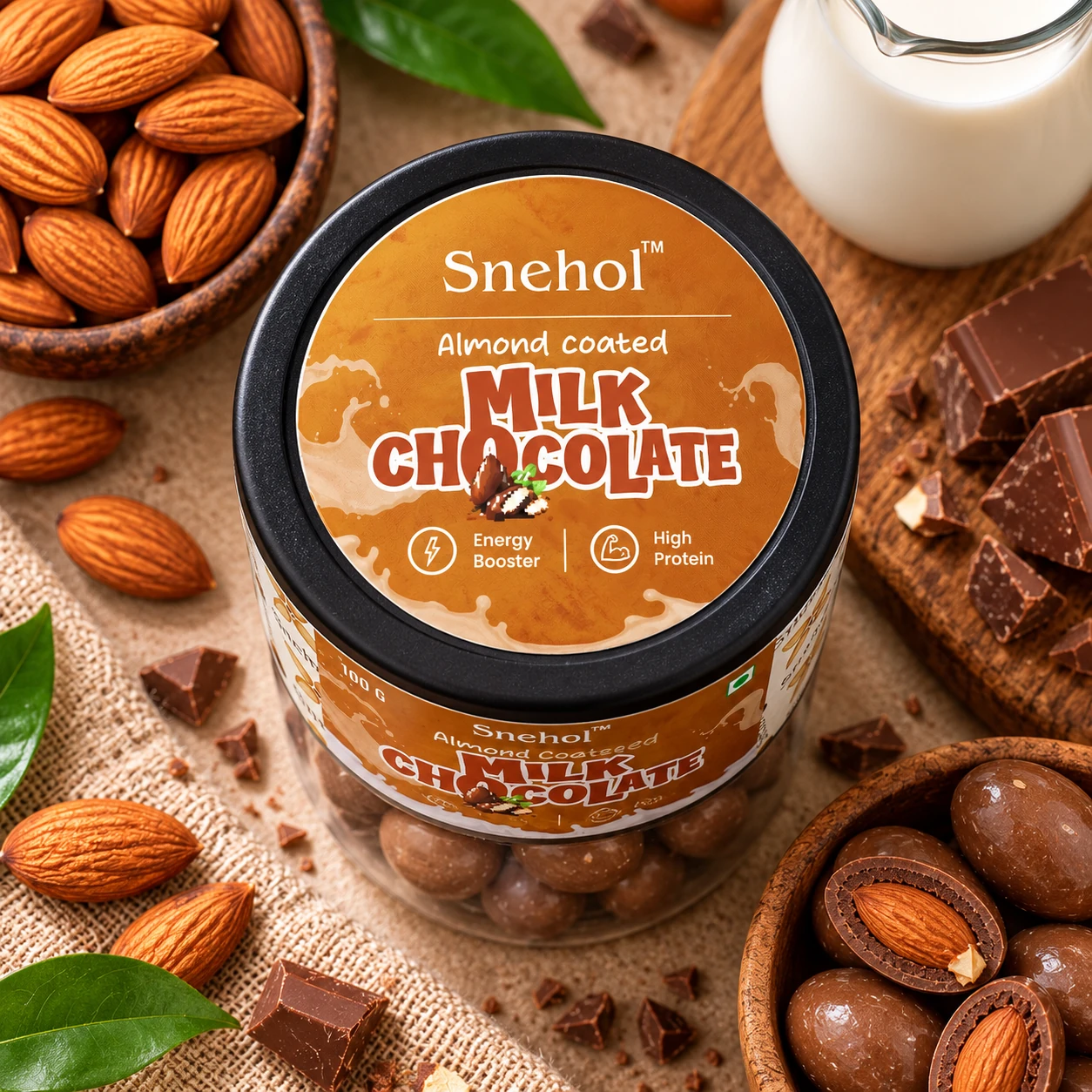 Almond coated milk chocolate close-up