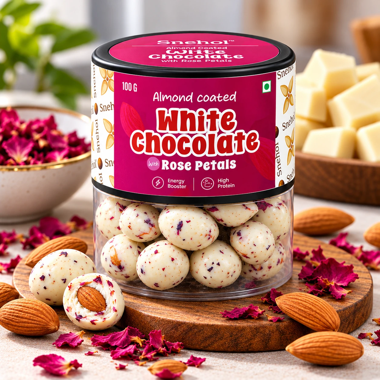 Almond coated white chocolate with rose petals jar